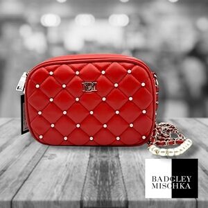 Badgley Mischka Diamond Quilted Camera Bag w/ Pearls Red NWT